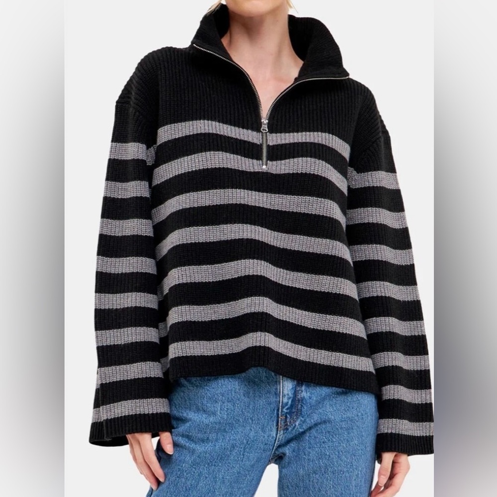 ENGLISH FACTORY: Striped Knitted Haft Zip Sweater. Size L. black and gray.